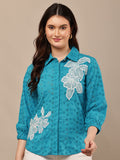 Begumpan Flower Emboridery Shirt with Beading Detail. - Turquoise