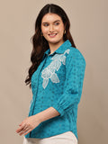 Begumpan Flower Emboridery Shirt with Beading Detail. - Turquoise