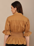 Begumpan Solid Cotton Smoking Waist Shirt - Brown