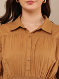Begumpan Solid Cotton Smoking Waist Shirt - Brown
