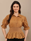 Begumpan Solid Cotton Smoking Waist Shirt - Brown