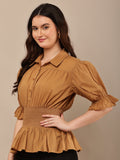 Begumpan Solid Cotton Smoking Waist Shirt - Brown