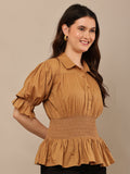 Begumpan Solid Cotton Smoking Waist Shirt - Brown