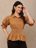 Begumpan Solid Cotton Smoking Waist Shirt - Brown