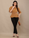 Begumpan Solid Cotton Smoking Waist Shirt - Brown