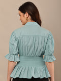 Begumpan Solid Cotton Smoking Waist Shirt - Blue