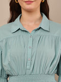 Begumpan Solid Cotton Smoking Waist Shirt - Blue
