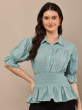 Begumpan Solid Cotton Smoking Waist Shirt - Blue
