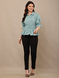 Begumpan Solid Cotton Smoking Waist Shirt - Blue
