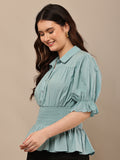 Begumpan Solid Cotton Smoking Waist Shirt - Blue