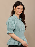Begumpan Solid Cotton Smoking Waist Shirt - Blue