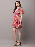 Begumpan Floral Printed Semi-Fitted Mini Dress - Pink